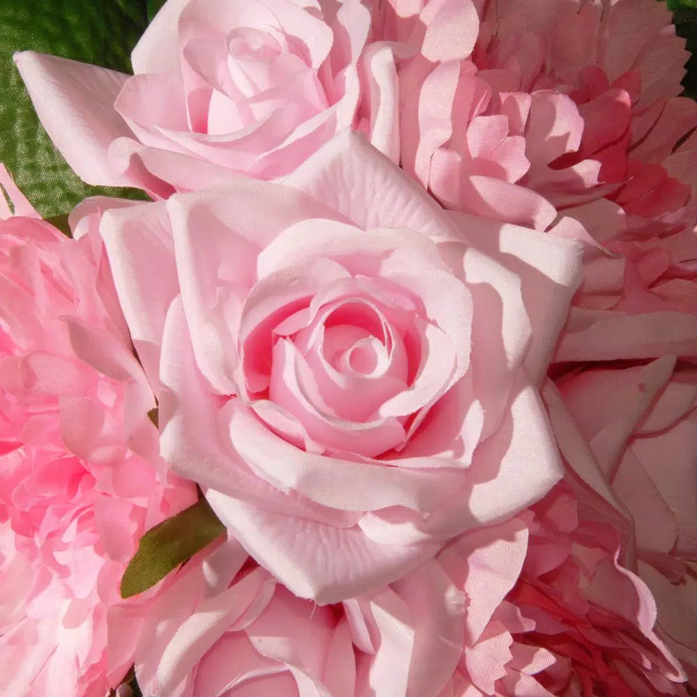 National Tree Company 12.2 in. Mixed Pink Rose and Peony Bouquet with Lace Ribbon Accents
