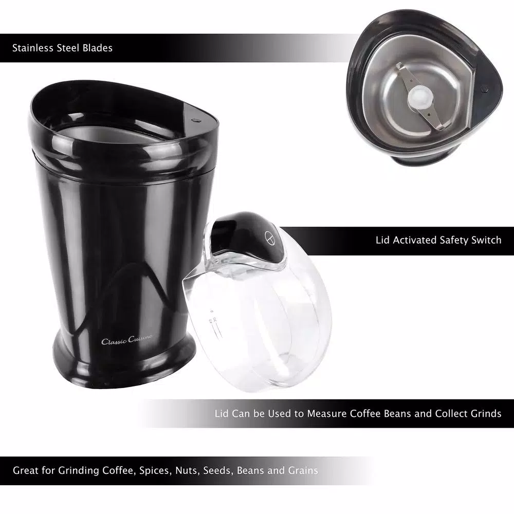 Classic Cuisine 1.41 oz. Electric Coffee and Spice Grinder, Black Blade Grinder