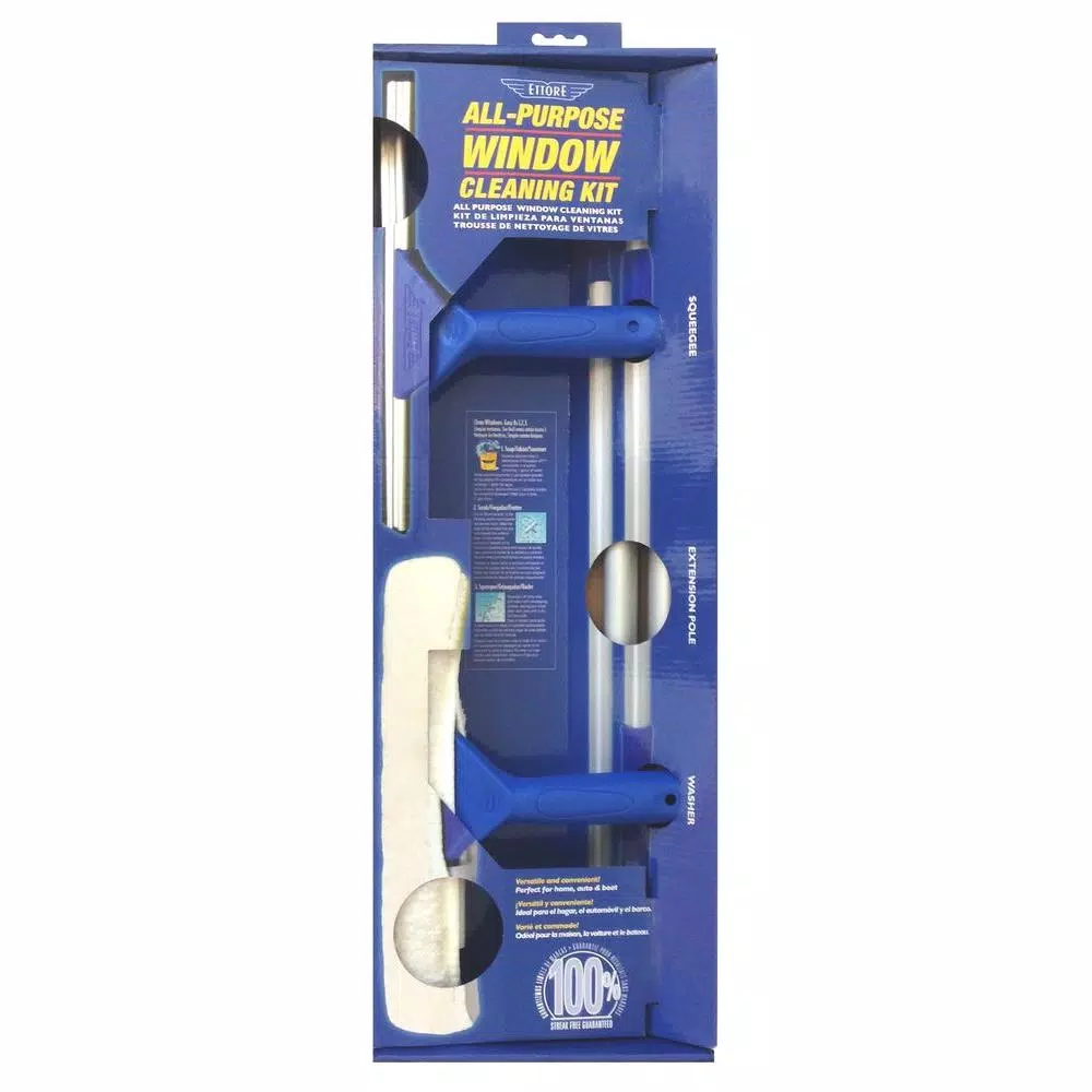 Ettore All Purpose Window Cleaning Combo Kit with Click-Lock Pole, Squeegee, and Washer
