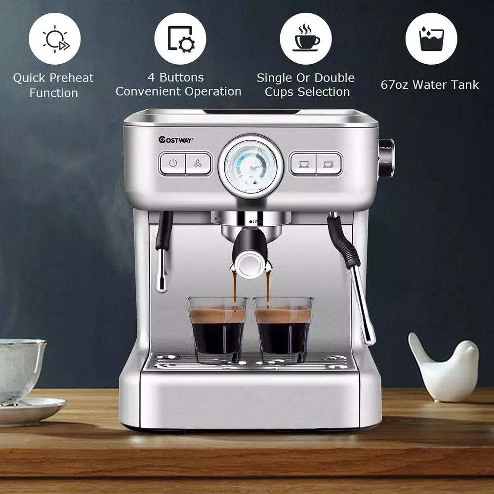 Costway Stainless Steel Semi-Auto Espresso Machine with Milk Frother Wand, 1500W Coffee Maker
