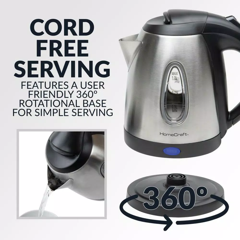 HomeCraft 1-Liter Stainless Steel Electric Kettle, 1500W Rapid Boil, 4-Cup Cordless Water Boiler