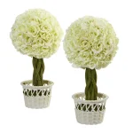 Nearly Natural 13 in. Artificial Rose Topiary Set with White Wicker Pots (Set of 2) thumbnail 1