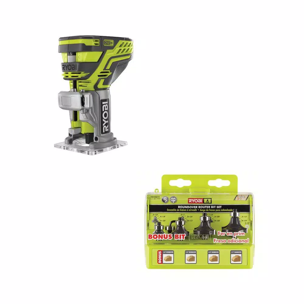 RYOBI 18V ONE+ Cordless Fixed Base Trim Router with 4-Piece Roundover Bit Set