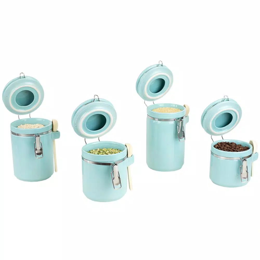 Home Basics 4-Piece Ceramic Kitchen Canister Set with Wooden Spoons - Turquoise