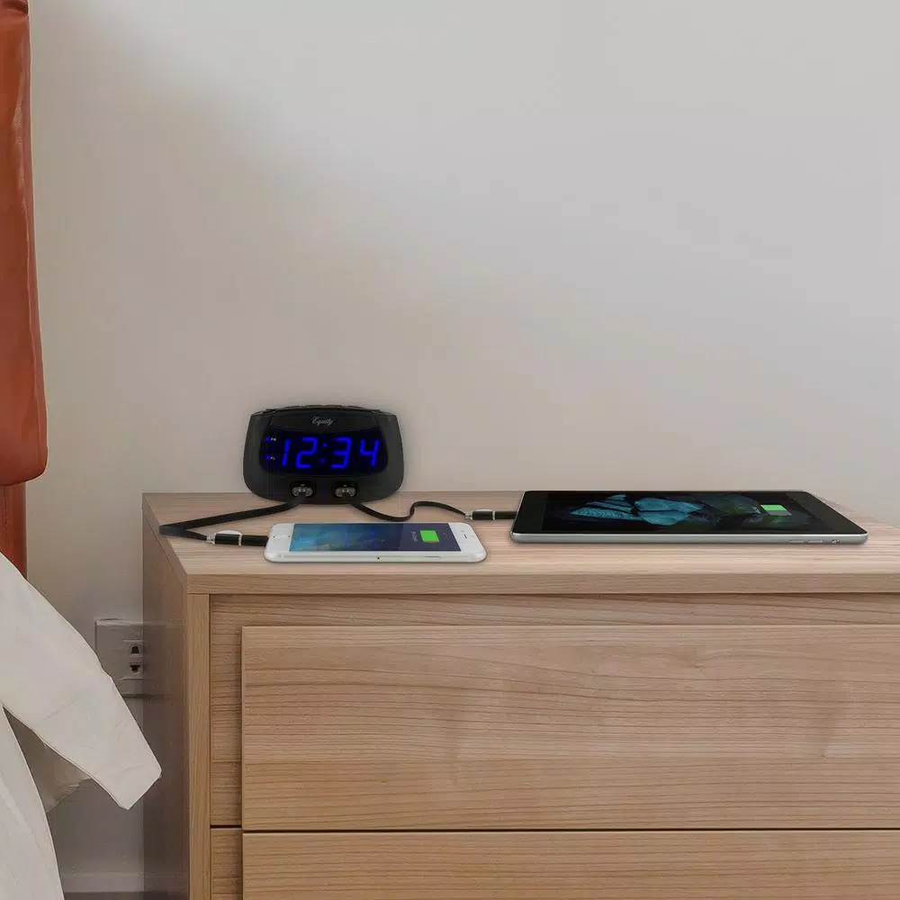 Equity by La Crosse Blue LED Dual USB Digital Alarm Clock with Adjustable Dimmer