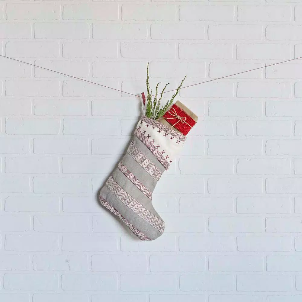 VHC Brands 15 in. Liv Pebble Grey Traditional Christmas Stocking with Nordic Trim
