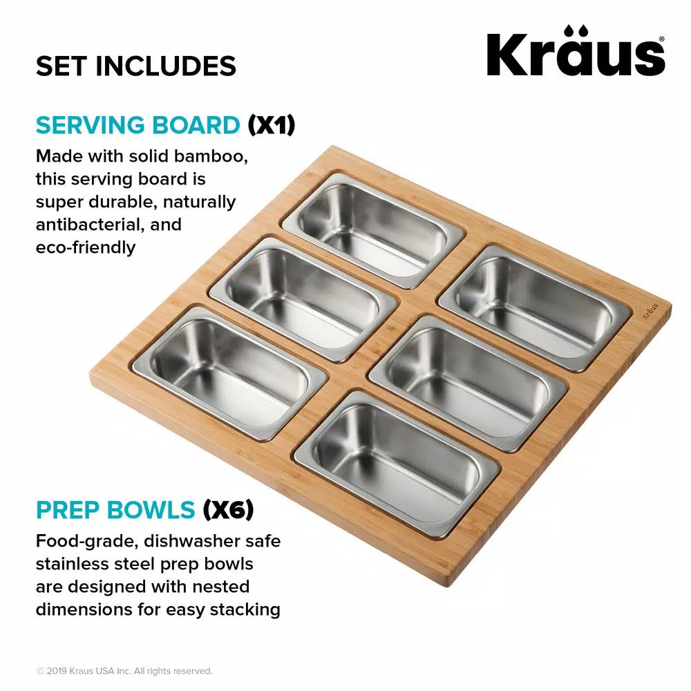 Kraus Workstation Kitchen Sink Accessory Set with Bamboo Serving Board and 6 Stainless Steel Prep Bowls