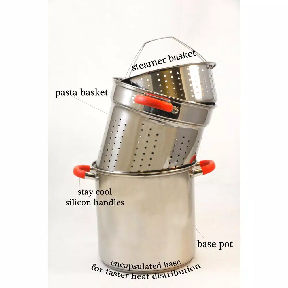 ExcelSteel 12 Qt. Stainless Steel Multi-Cooker Pasta Pot Set with Steamer Insert and Red Silicone Handles