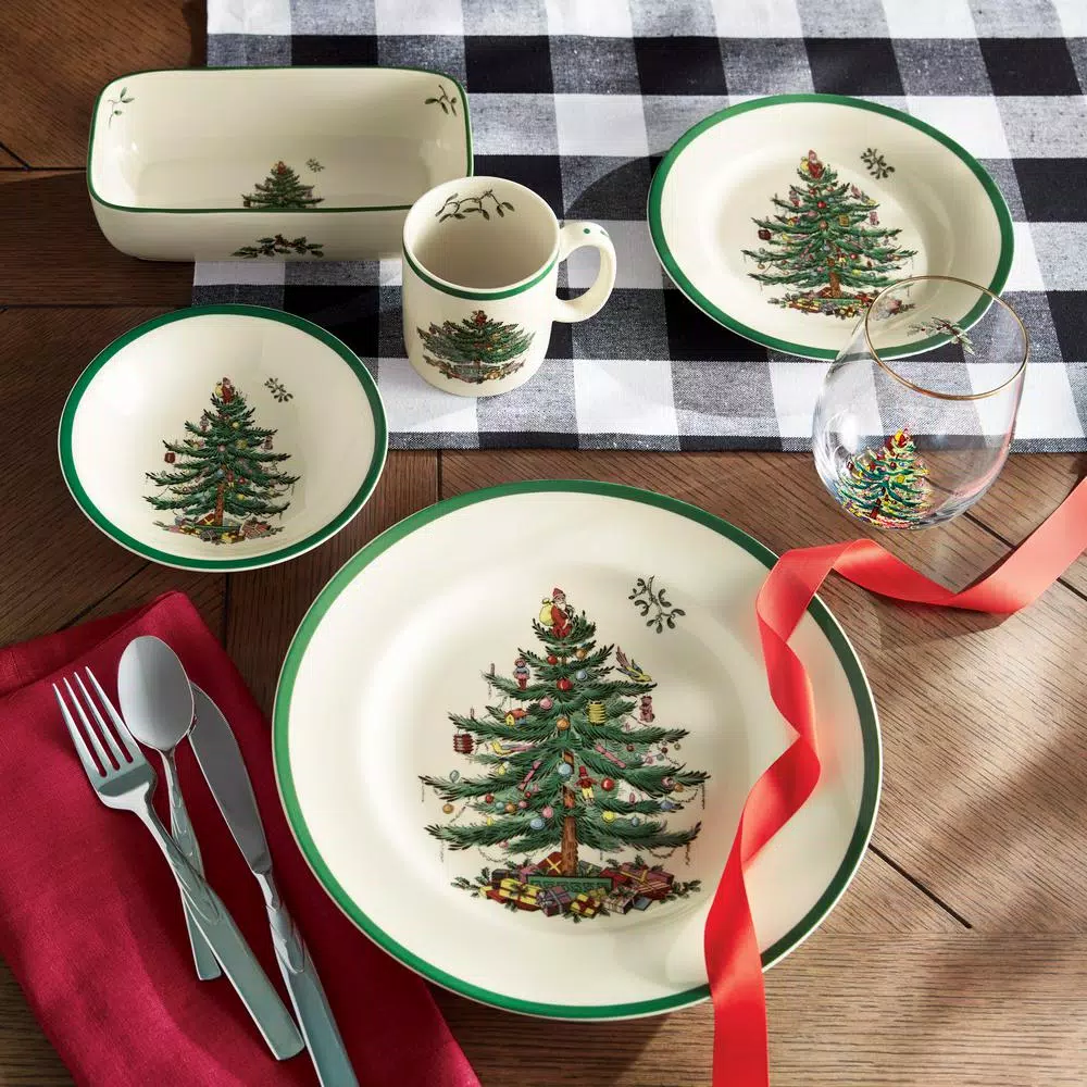 Spode Christmas Tree 8 in. Cranberry Dish with Slotted Server 2-Piece Set