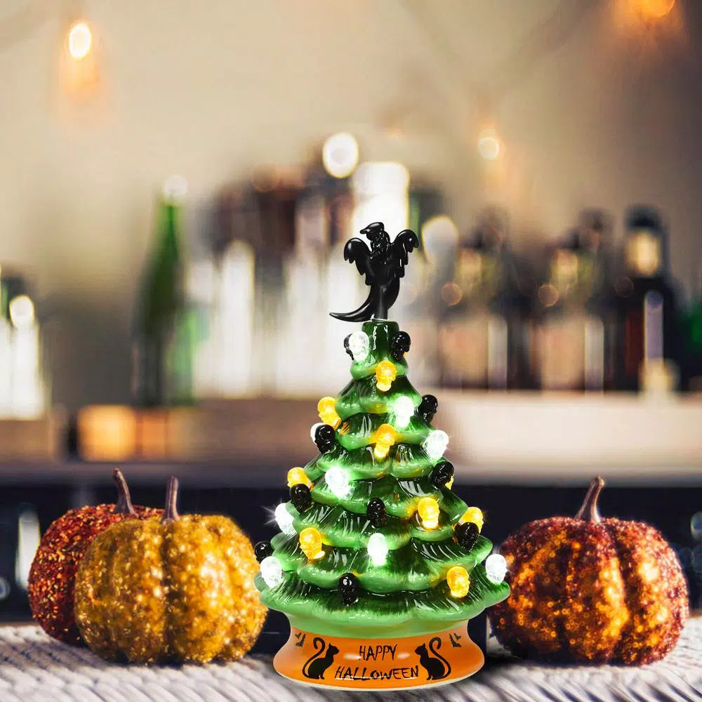 Costway 11.5 in. Green Ceramic LED Haunted Halloween Tree with Ghost and Skeleton Accents