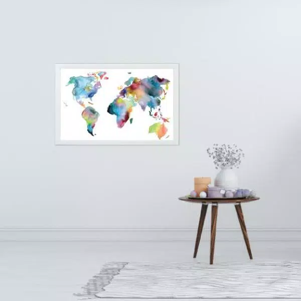 Petal Lane Home Watercolor World Map Magnetic Memo Board with White Frame