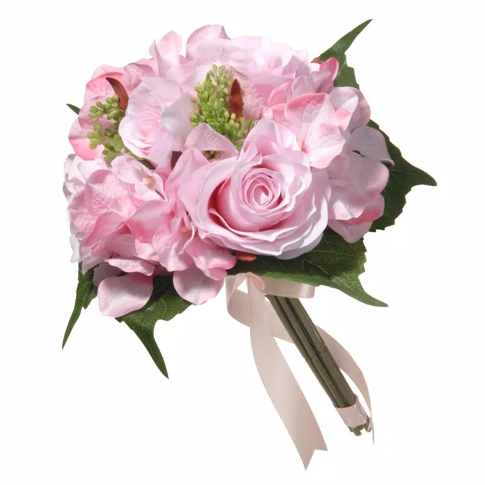 National Tree Company 12.2 in. Mixed Pink Rose and Hydrangea Silk Flower Bouquet