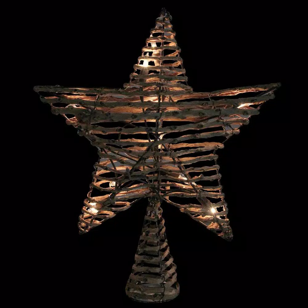 Northlight 11.5 in. Natural Brown Rattan Star Christmas Tree Topper with Clear Mini Lights