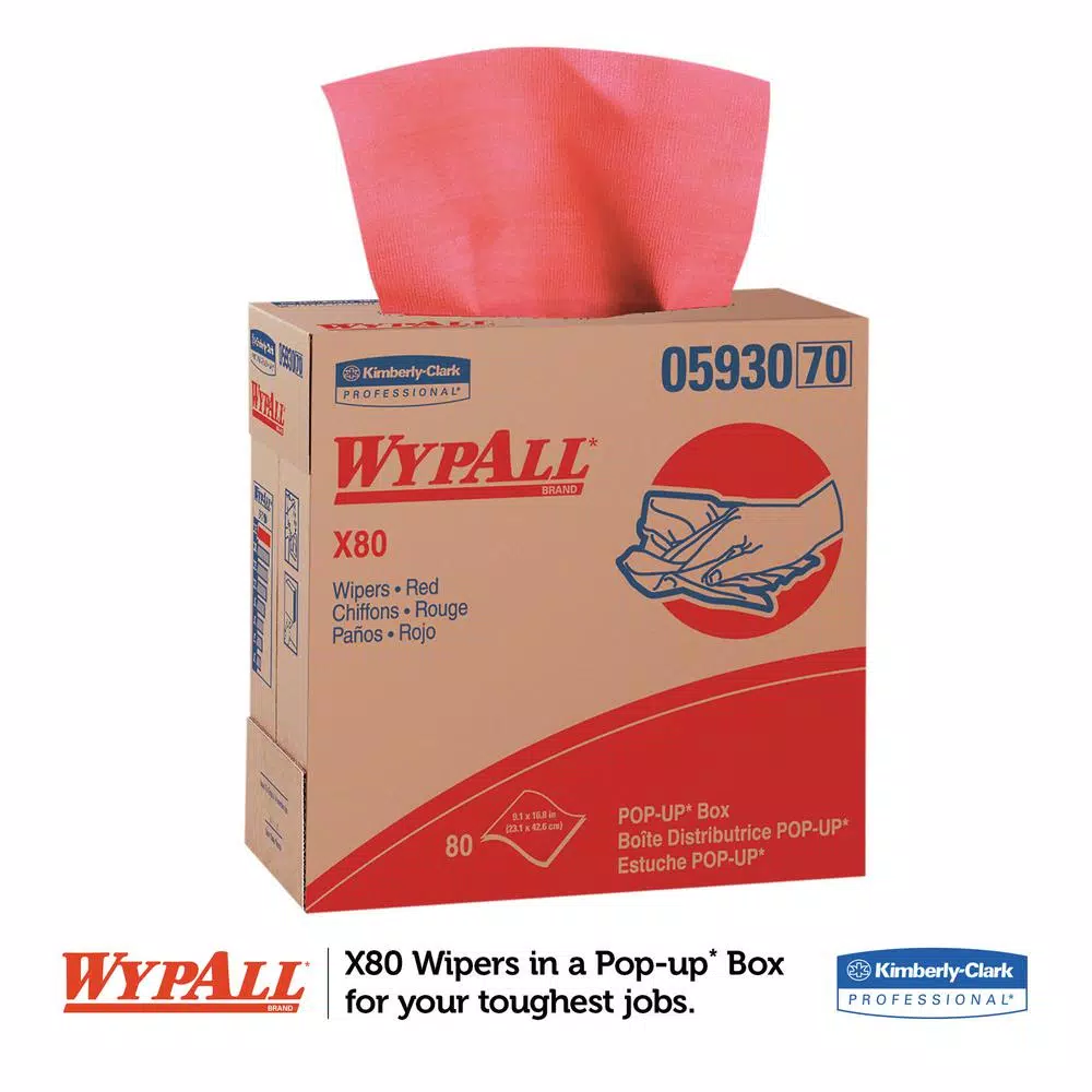 Kimberly-Clark PROFESSIONAL WypAll X80 Industrial Wipers, 9.1 x 16.8 in., 80 Count Red Pop-Up Box (5-Pack)
