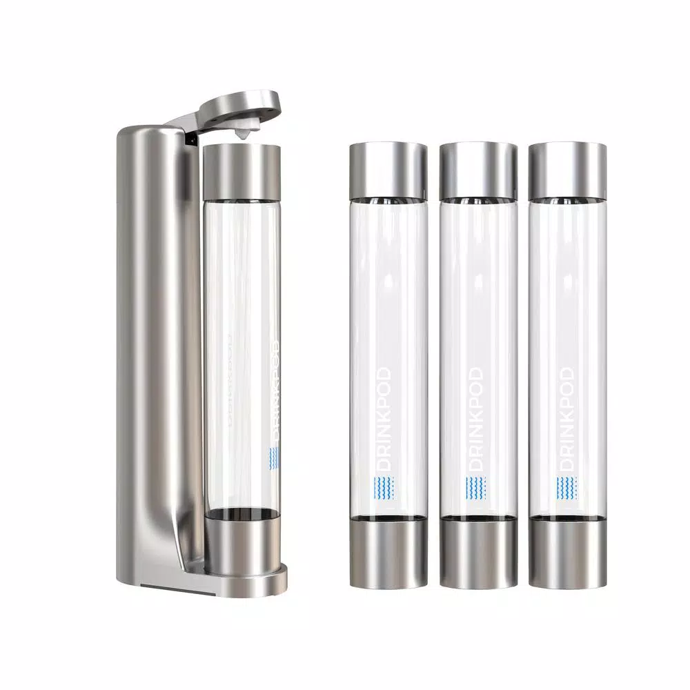 Drinkpod FIZZPod Silver One-Touch Sparkling Soda Maker Machine with 3 PET Bottles