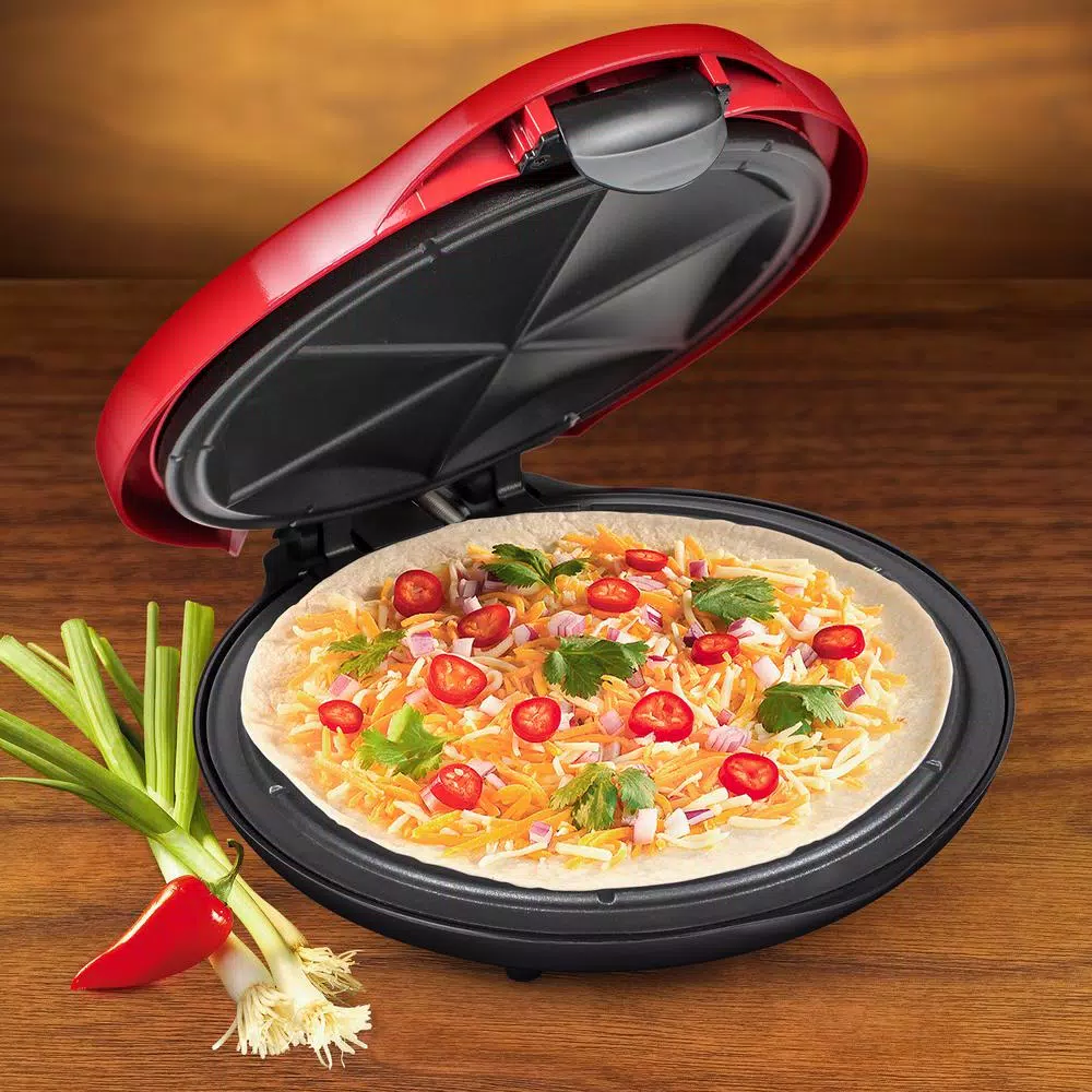 Nostalgia 900W Red Quesadilla Maker with Extra Stuffing Latch and Non-Stick Cooking Surface