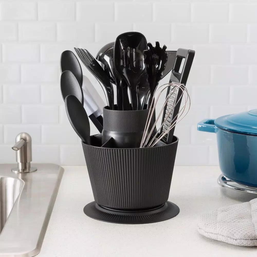 Home Basics 14-Piece Kitchen Tool Set with Revolving Storage Crock, Black