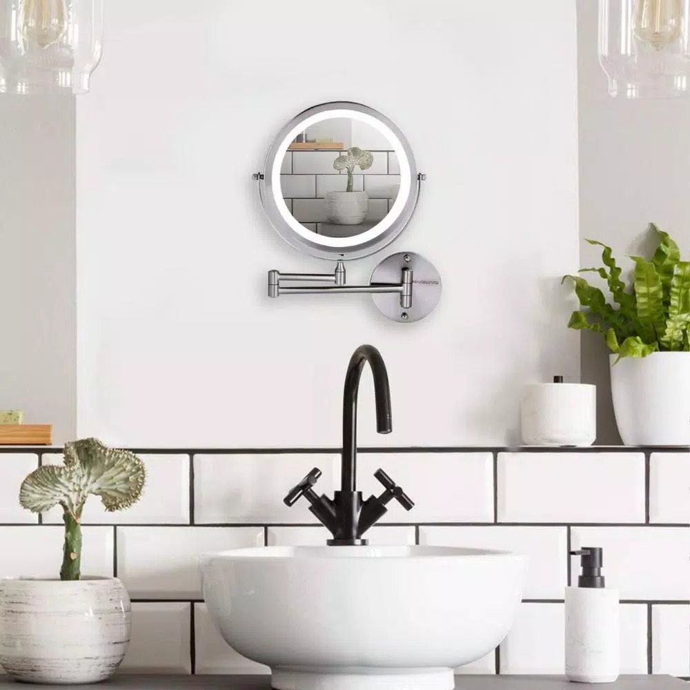 Ovente 13.2 in. Wall Mount LED Vanity Mirror, 1x/7x Magnification, Brushed Nickel
