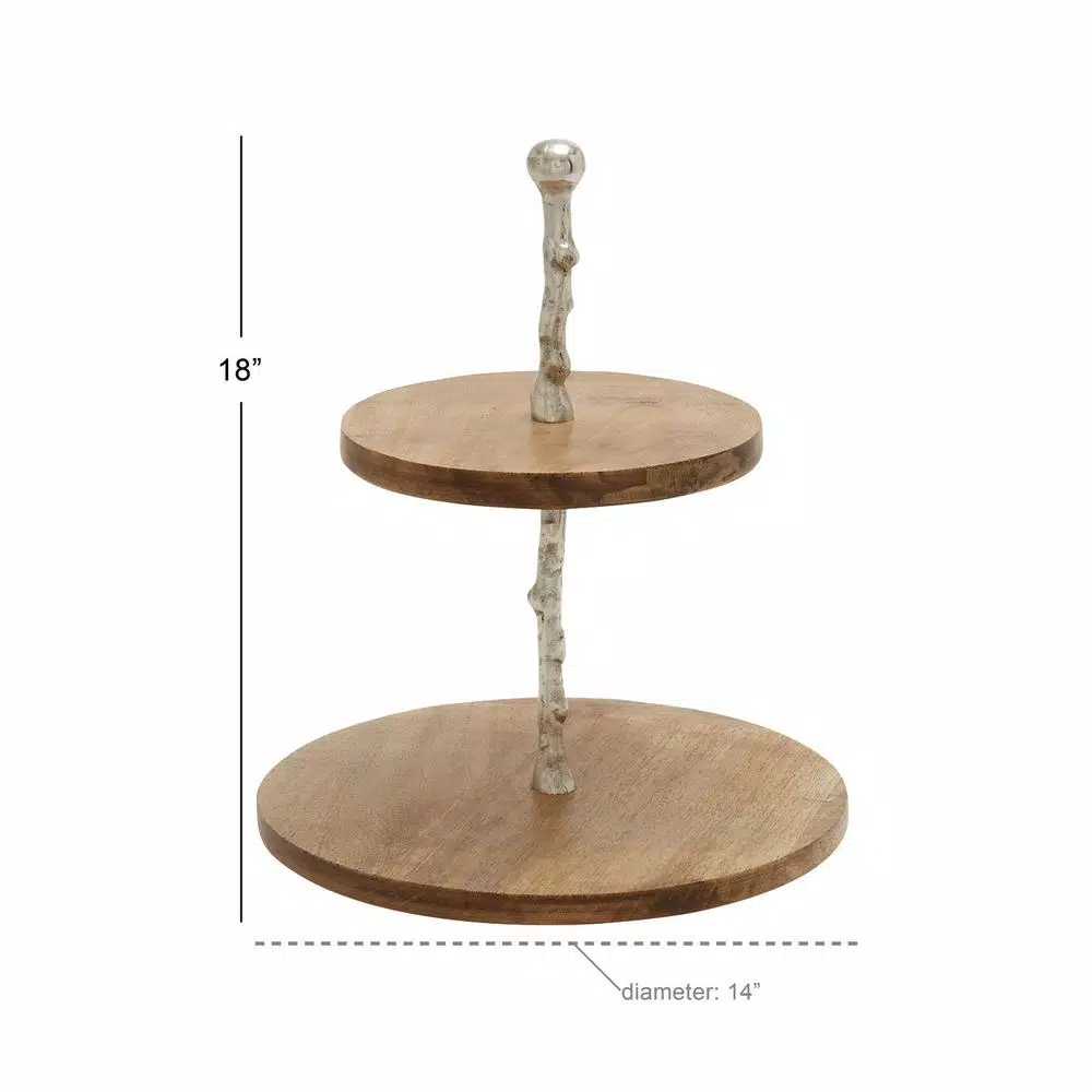 LITTON LANE 2-Tiered Round Mango Wood and Aluminum Tray Stand, Oak Finish