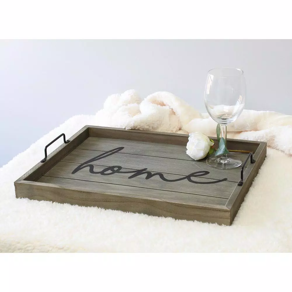 Elegant Designs Rustic Gray Wooden Decorative Serving Tray with Black Metal Handles