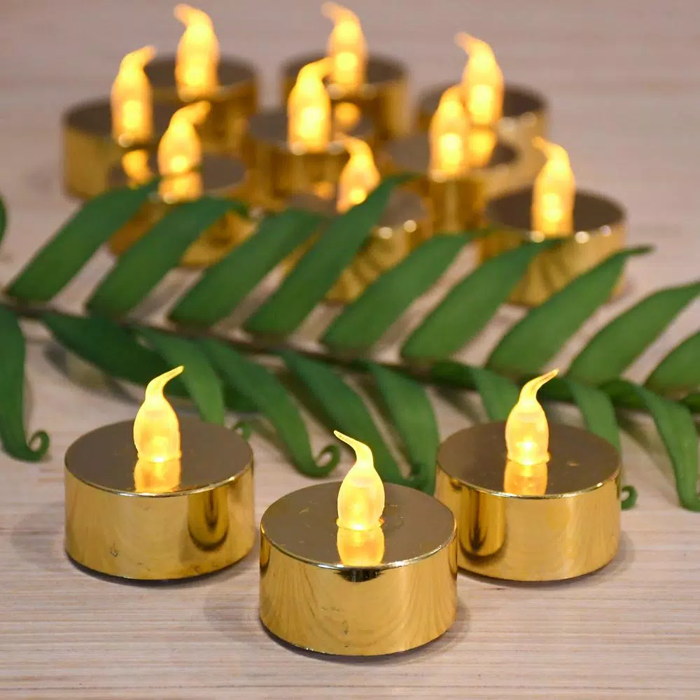 LUMABASE Gold Plated LED Tea Light Candles, 12-Count Battery Operated Flickering Amber Glow