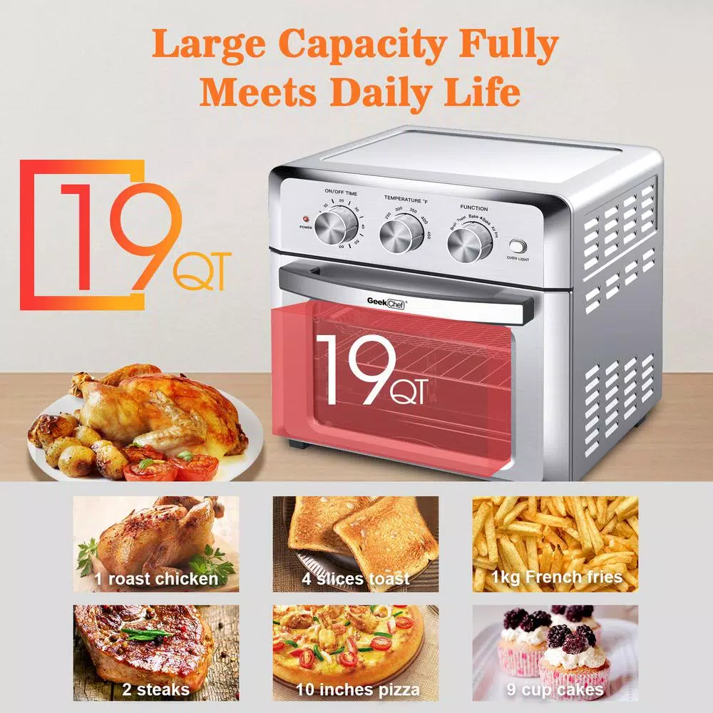 Boyel Living 19 Qt. Silver Stainless Steel Air Fryer Toaster Oven with 1500W Power, Roast, Bake, Broil & Reheat