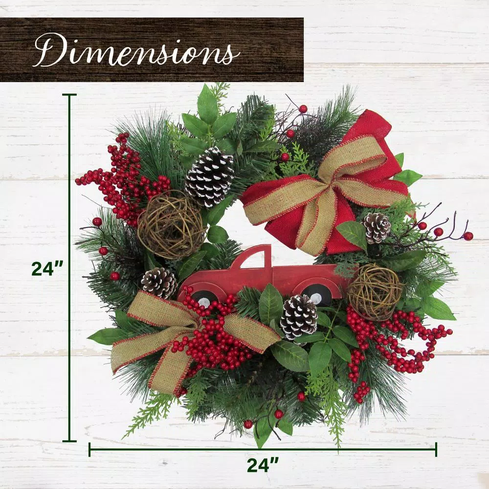 Fraser Hill Farm 24 in. Artificial Christmas Wreath and 9 ft. Garland Set with Red Truck, Berries, and Pinecones