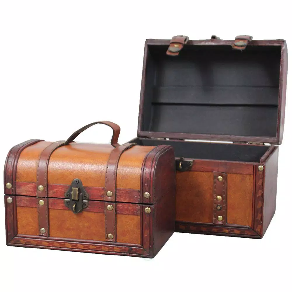 Vintiquewise Rustic Wood and Faux Leather Decorative Treasure Box Set, Set of 2