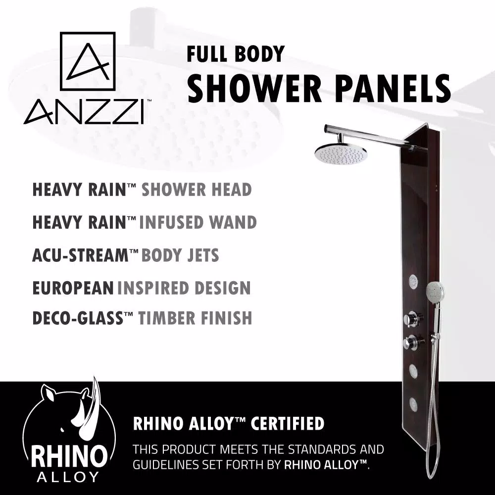 ANZZI Pure 59 in. 3-Jet Full Body Shower Panel System, Mahogany Deco-Glass with Heavy Rain Head & Handheld Sprayer