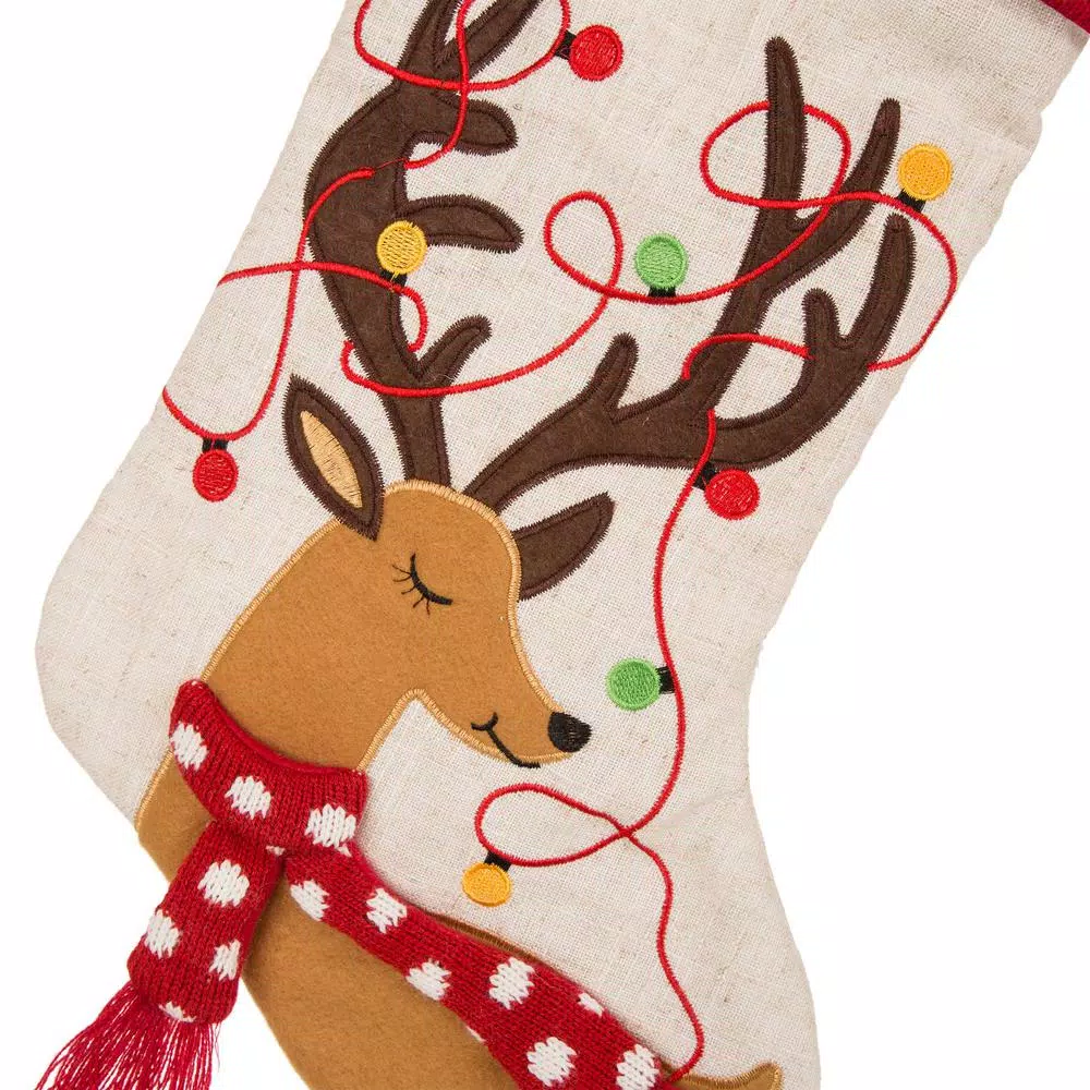 Glitzhome 21 in. LED Embroidered Polyester Linen Christmas Stockings, 2-Pack