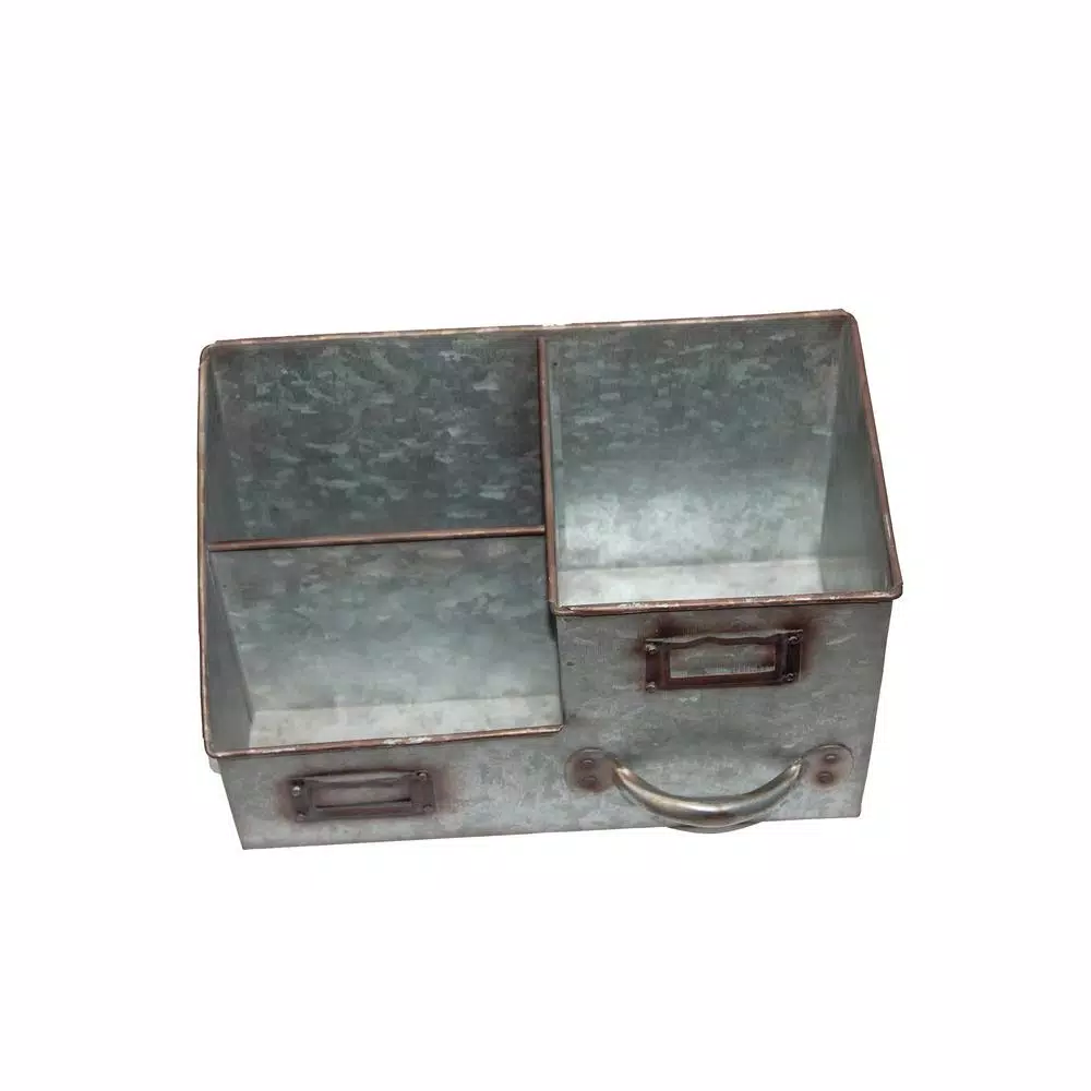 Benzara 3-Bin Galvanized Metal Tissue Box and Organizer with Label Slots