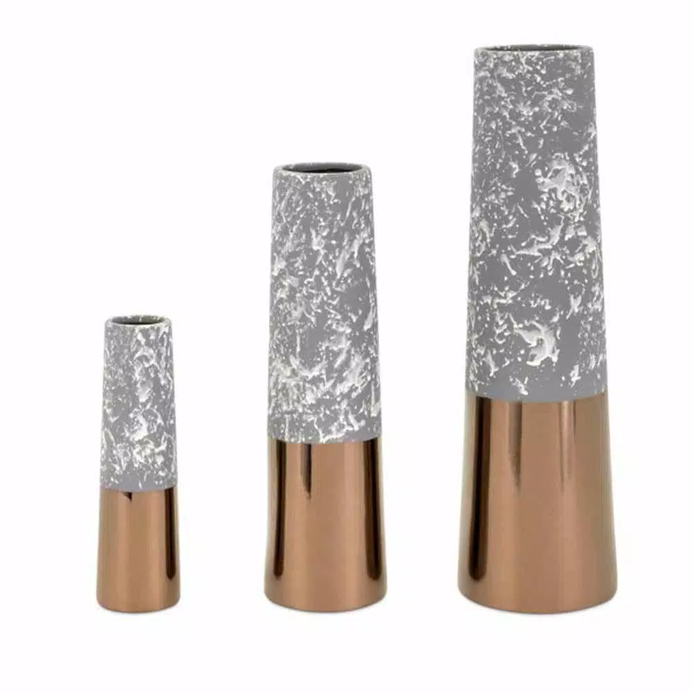 IMAX Galeno Gray Ceramic Vase Set of 3 - Modern Amphora Style with Copper Glaze
