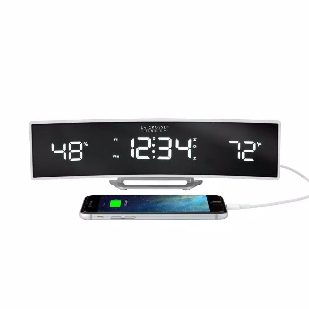 La Crosse Technology White Curved Digital Alarm Clock with Mirrored LED Display, Temperature, Humidity, and USB Charging Port