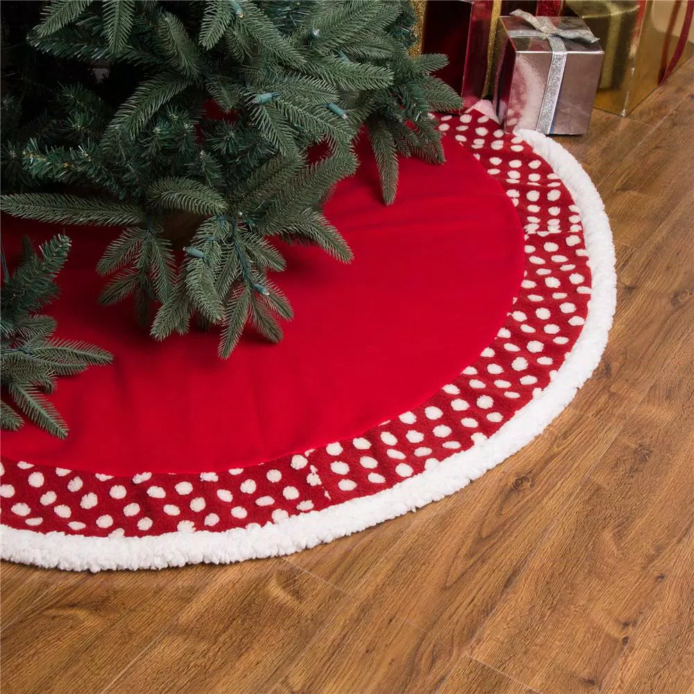 Glitzhome 48 in. Red and White Polka Dot Pompom Fabric Christmas Tree Skirt
