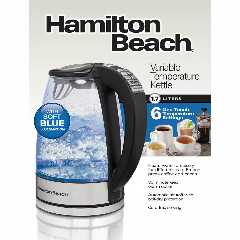 Hamilton Beach 1.7L Stainless Steel Variable Temperature Electric Kettle, 6 Settings