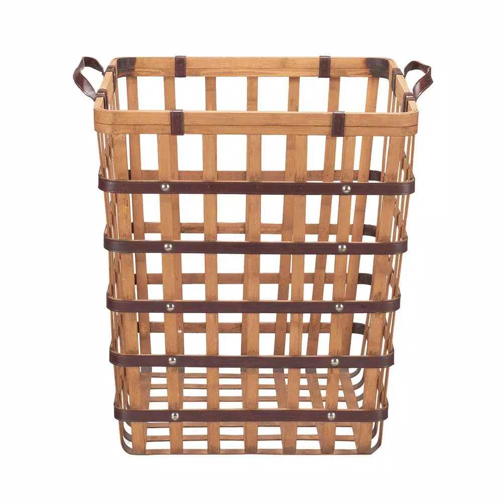 Home Decorators Collection Square Natural Bamboo and Leather Decorative Storage Basket