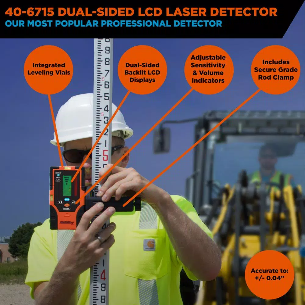 Johnson Red Beam Rotary Laser Detector with Dual LCD Displays and Grade Rod Clamp