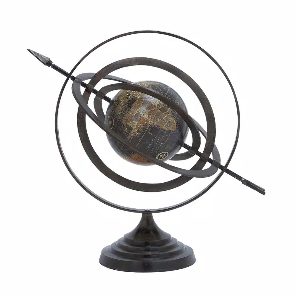 LITTON LANE Modern Black Armillary Sphere Globe with Spear Finials and Sepia Map