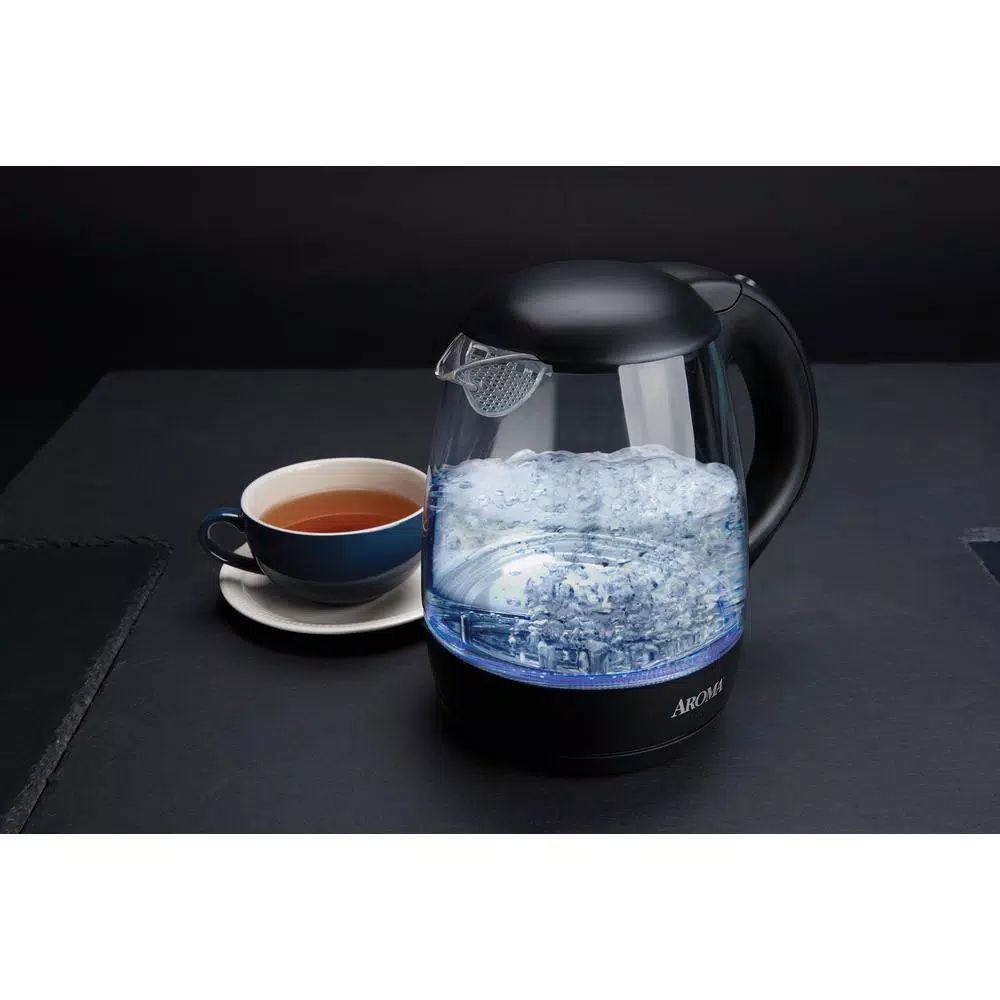 AROMA 5-Cup Black Glass Electric Kettle, 1.2L Cordless Pouring with Automatic Shut-Off