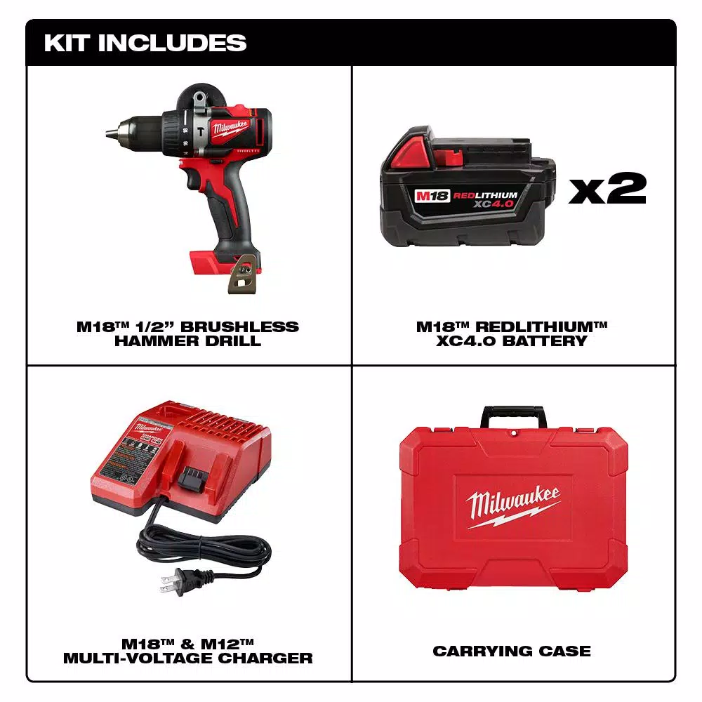 Milwaukee M18 18V Brushless Cordless 1/2 in. Compact Hammer Drill/Driver Kit w/ Two 4.0Ah Batteries and Case
