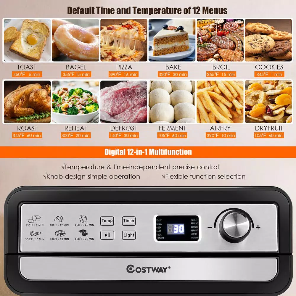 Costway 23 Qt. 12-in-1 Air Fryer Oven with Rotisserie, 1700W Convection Toaster Oven, Black