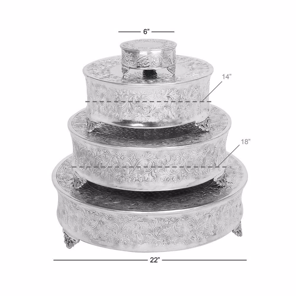 LITTON LANE Silver Aluminum Round Cake Stand Set of 4 with Floral Vine Design