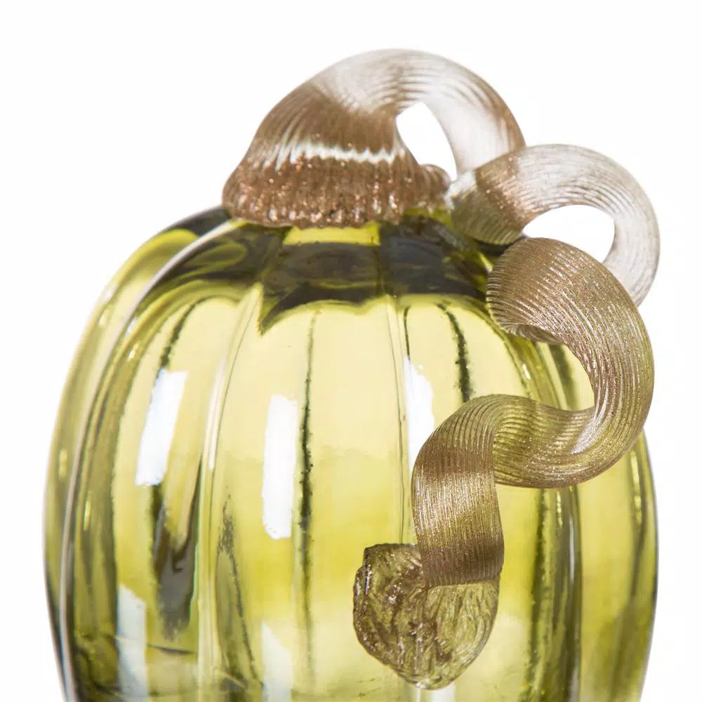 Glitzhome 5.51 in. Green Crackle Hand Blown Glass Pumpkin - Fall & Harvest Tabletop Decor