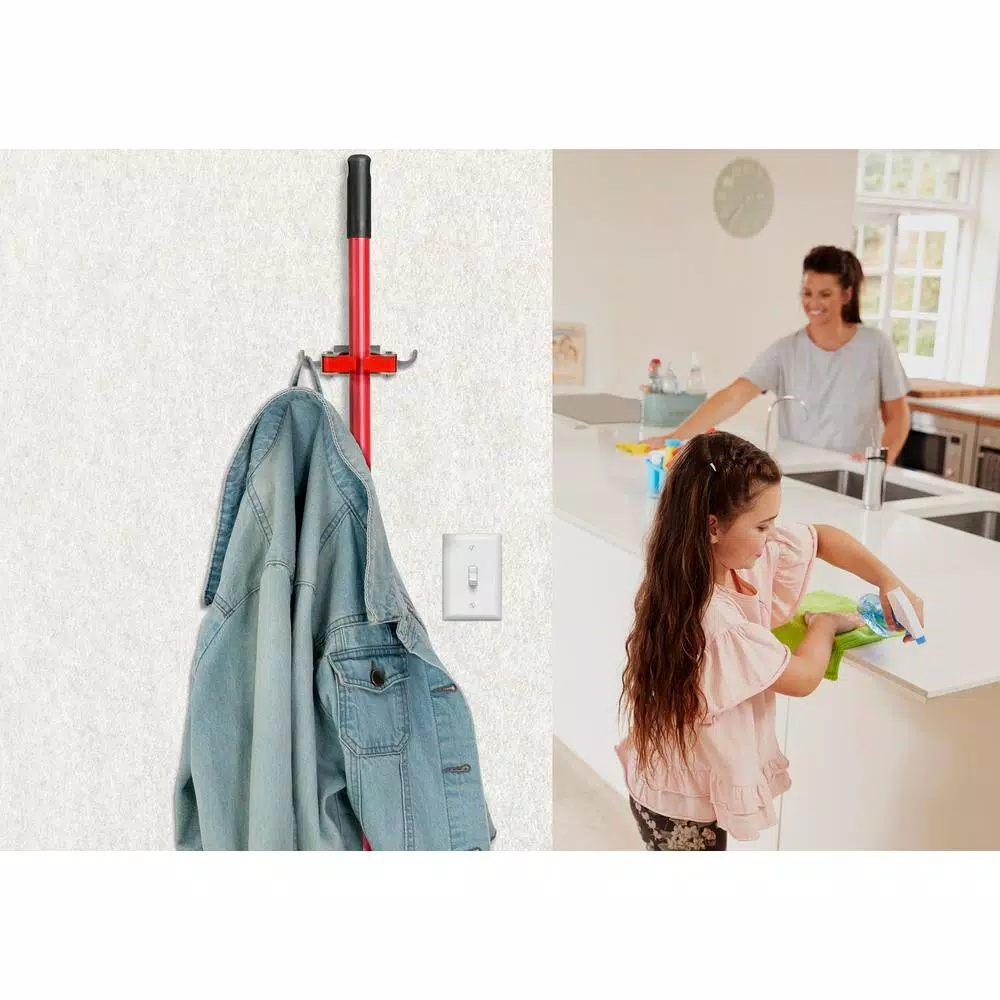 Alpine Industries Single Wall Mounted Mop and Broom Holder with 2 Hooks