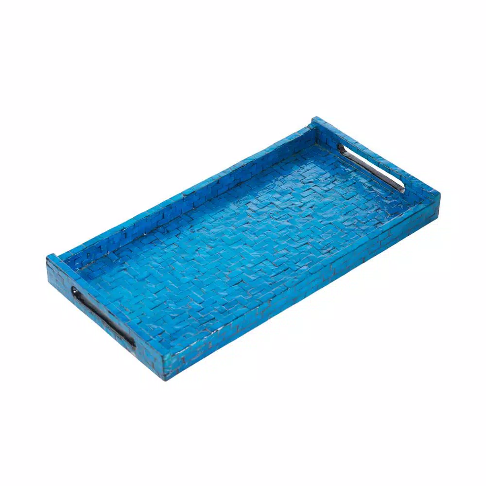 Abigails Blue Wooden Lacquered Basket Weave Rectangle Serving Tray, 18.25 in.