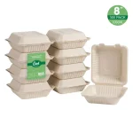 Unbranded 8 in. Natural Sugarcane Clamshell Containers, Biodegradable & Compostable (300 Pack) thumbnail 2