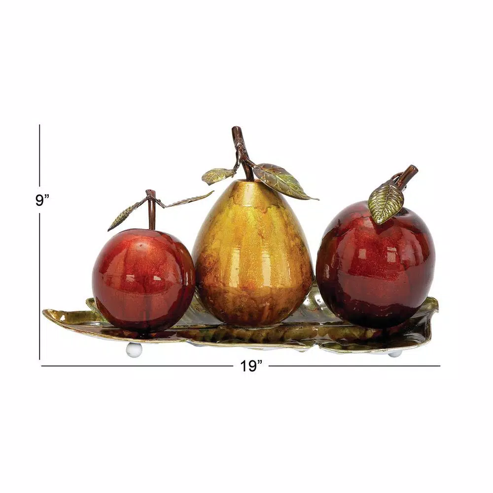 LITTON LANE Elegant Metal Fruit Sculpture Set - Golden Pear and Red Apples on Leaf Tray Base