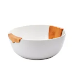Unbranded 3-Piece White Porcelain Salad Bowl Set with Bamboo Servers thumbnail 1