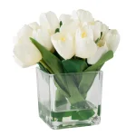 Pure Garden 8.5 in. Cream Tulip Floral Arrangement in Square Glass Vase thumbnail 1
