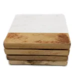 Unbranded Jodhpuri 4-Piece Opal White Marble and Acacia Wood Coaster Set thumbnail 2